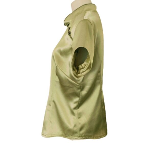 Asian Satin Blouse XL Top Office Siren Geisha Mandarin Collar Chartreuse Vintage - Picture 4 of 16